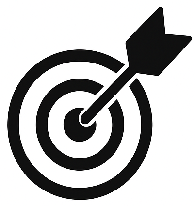 Black-and-white line icon of a target with an arrow symbolizing impact and meaningful outcomes.